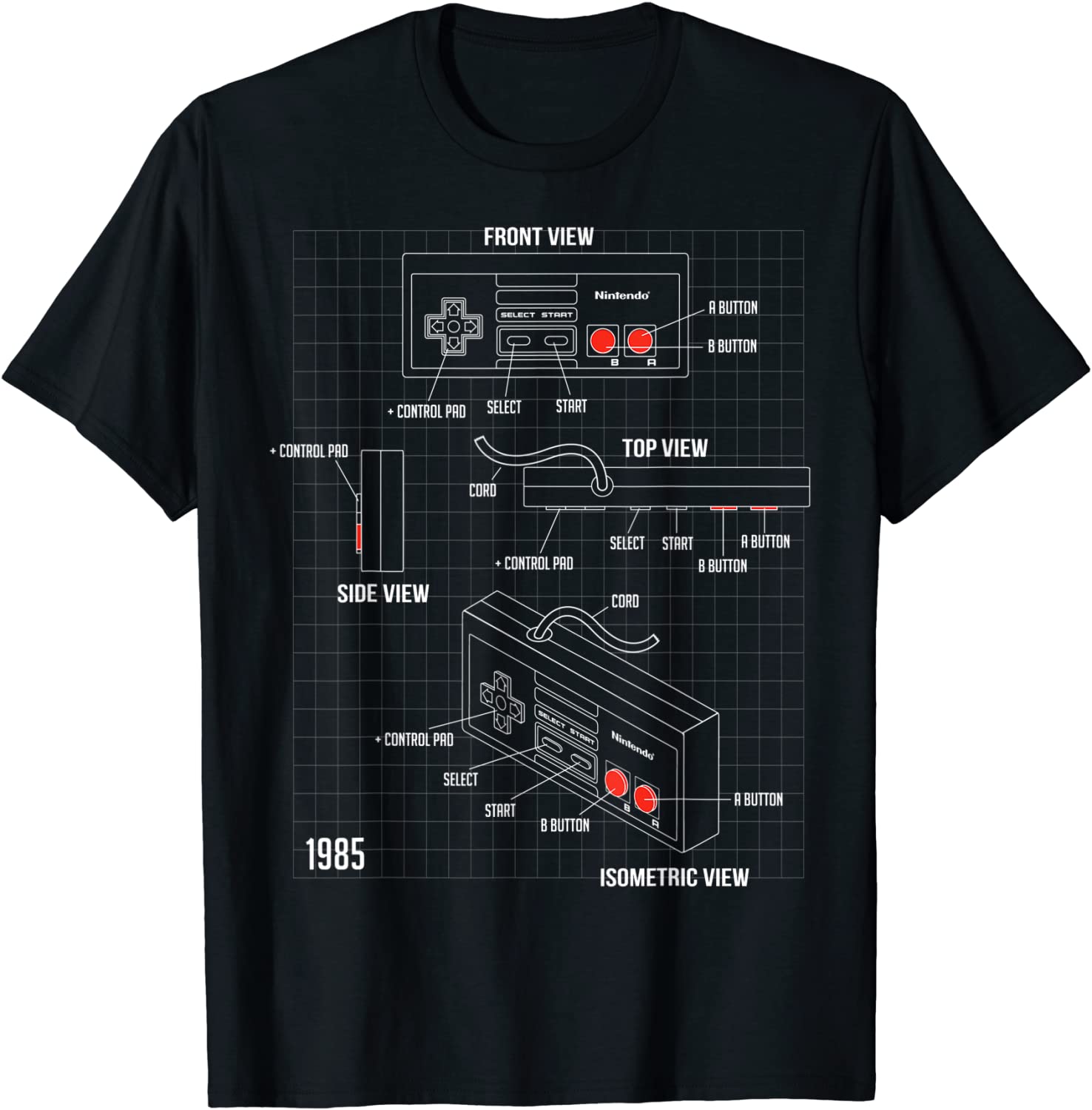 Retro Gaming T Shirt - Nintendo NES Controller Parts Schematic Graphic